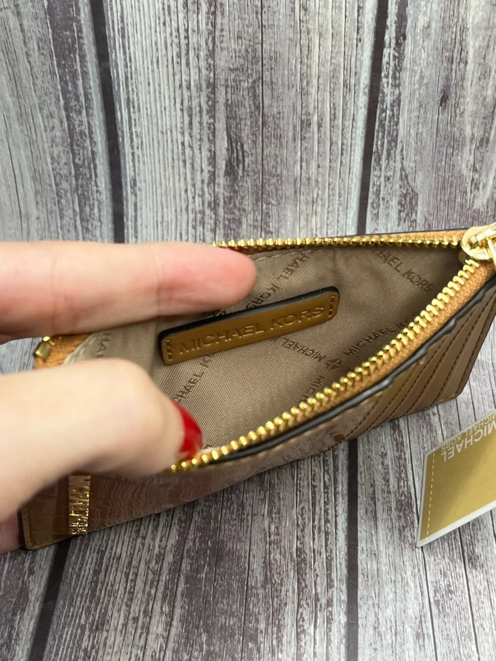 NWT MICHAEL KORS Jet Set Travel Croc Leather Zip Card Case Wallet - Camel/ Deer